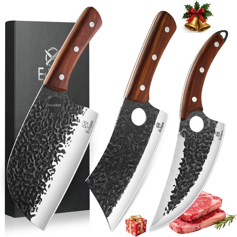 Ethyxe Butcher Knife Set – 3PCS Hand Forged Kitchen Knife Set with Serbian Chef Knife, Viking Boning Knife & Meat Cleaver, High Carbon Steel for Meat Cutting, Outdoor BBQ, Camping, Gift for Men - Image 1